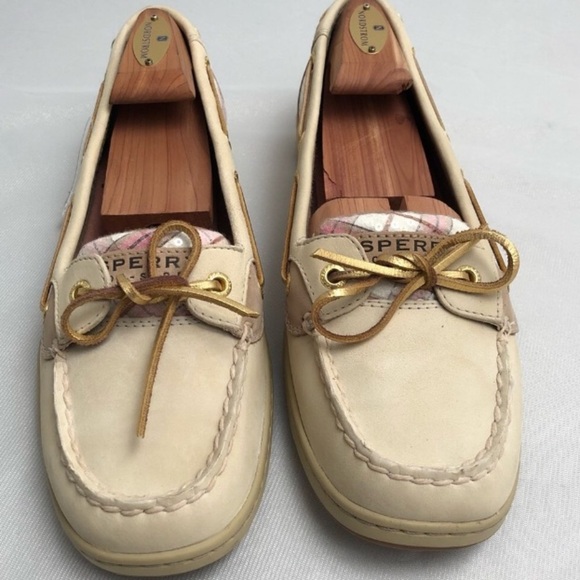 Sperry Angelfish beige and pink plaid sequin boat shoes - Picture 1 of 8